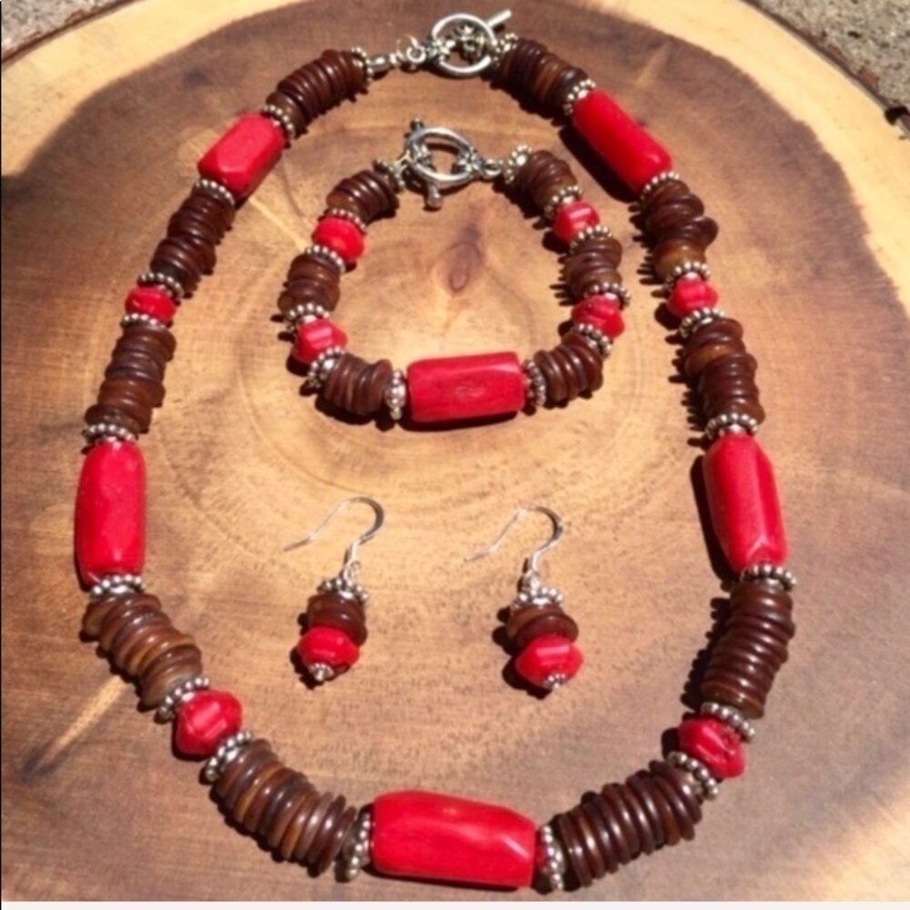 Coral Bamboo and Brown Shell Necklace Handmade Set - Picture 3 of 8
